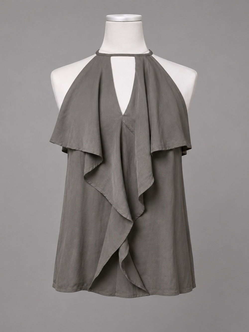 Guess XS Gray Silky Ruffle Front Halter Style Blouse. Adjustable tie at neck.